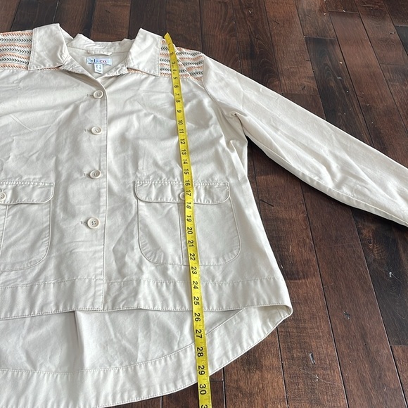 Denim & Co. Cotton Lightweight Jacket Button up High Low Tan Embroidered Size L - Picture 7 of 9